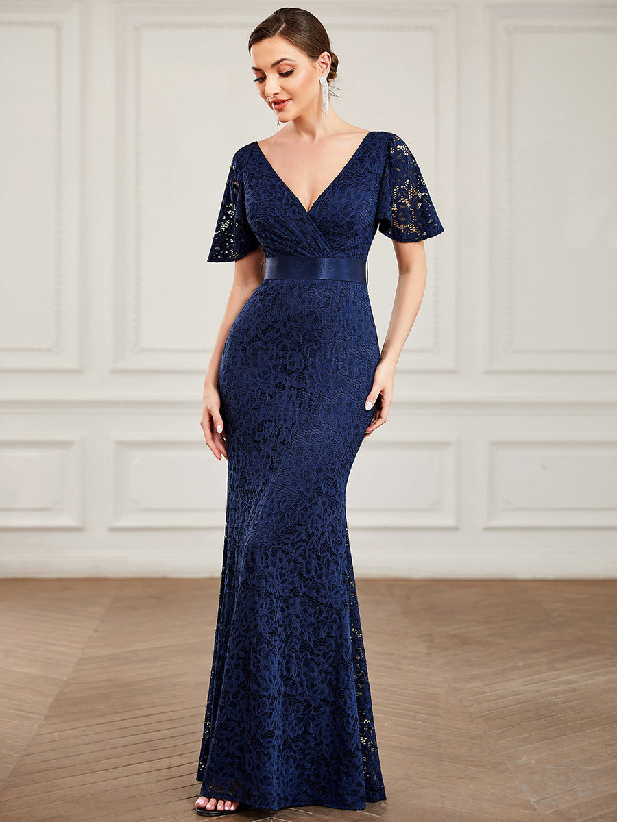 Robe de soirée moulante sirène avec col en V et dentelle #Couleur_Bleu Marine