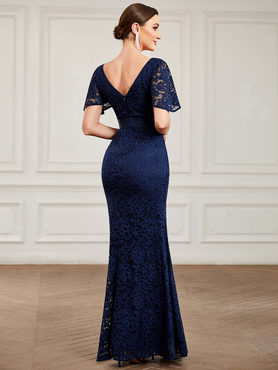 Robe de soirée moulante sirène avec col en V et dentelle #Couleur_Bleu Marine