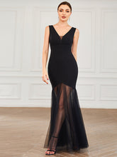 Robe de soirée plissée en tulle contrasté à col en V Sirène #Couleur_Noir