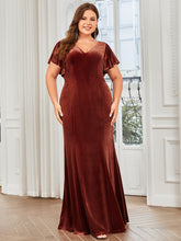 Robe de soirée moulante en velours à manches volantées et longueur au sol Grande taille #Couleur_Rouge Brique