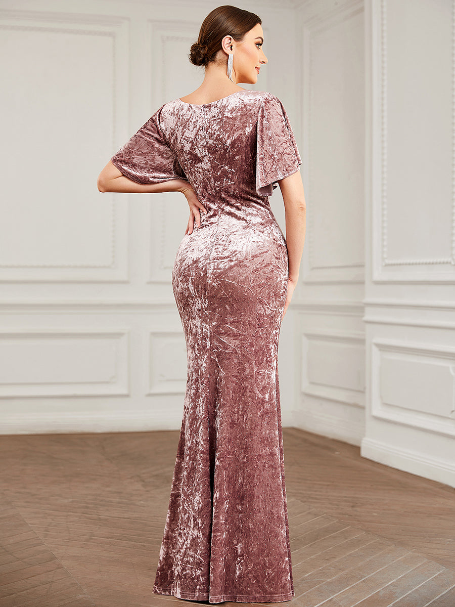 Robe de soirée moulante Sirène à manches courtes en velours #Couleur_Orchidee