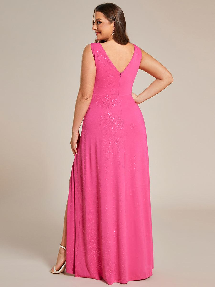 Robe de soirée formelle brillante à col en V et fente latérale de grande taille #Couleur_Rose Vif