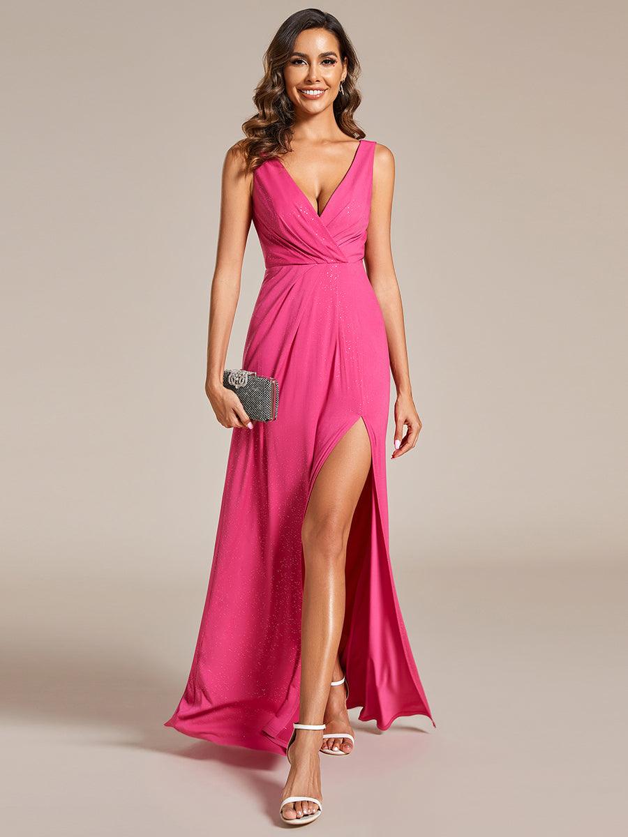 Robe De Soirée Formelle Trapèze À Fente Latérale Et Col En V Double Sans Manches Pailletée #Couleur_Rose Vif