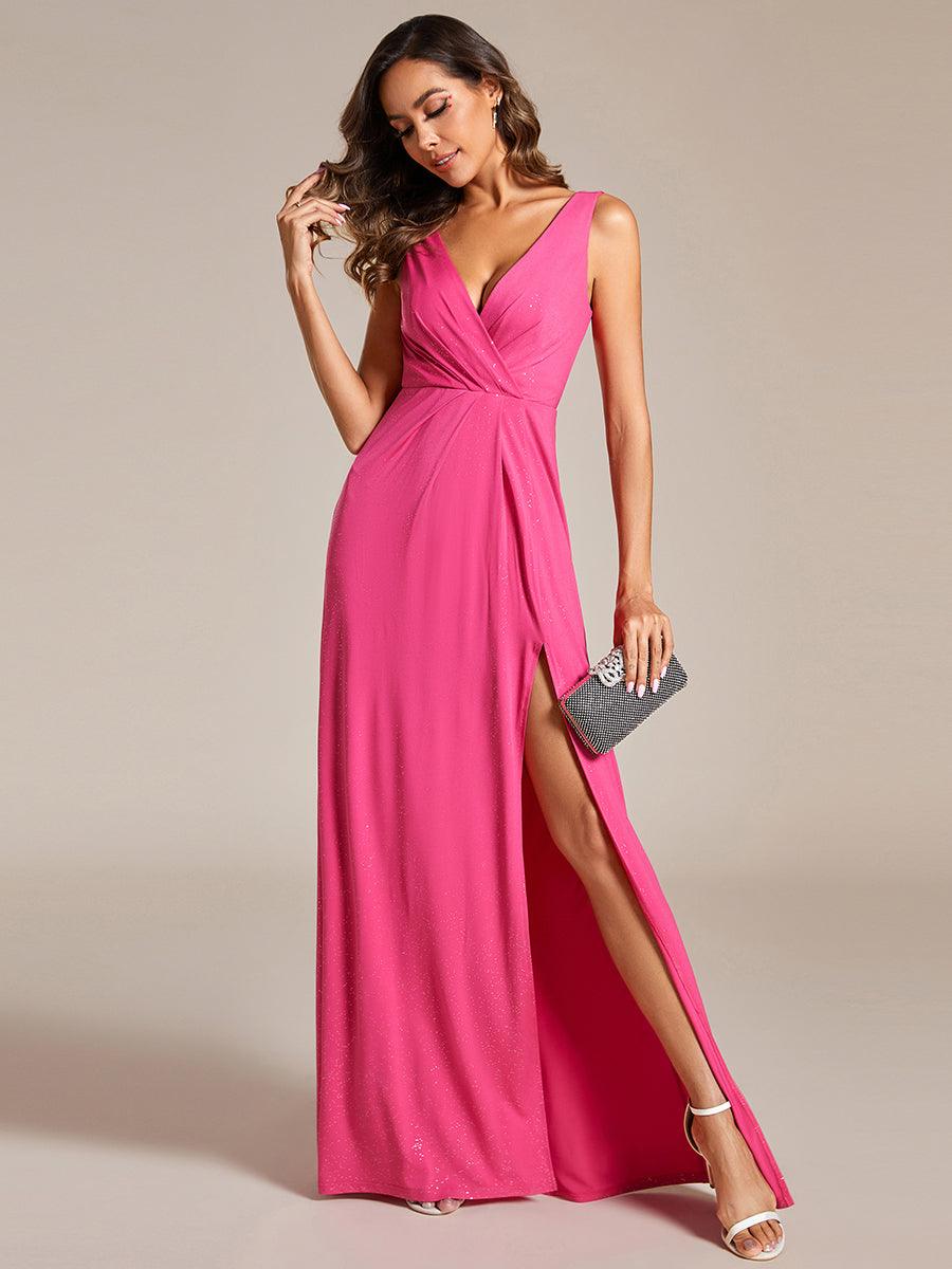 Robe De Soirée Formelle Trapèze À Fente Latérale Et Col En V Double Sans Manches Pailletée #Couleur_Rose Vif