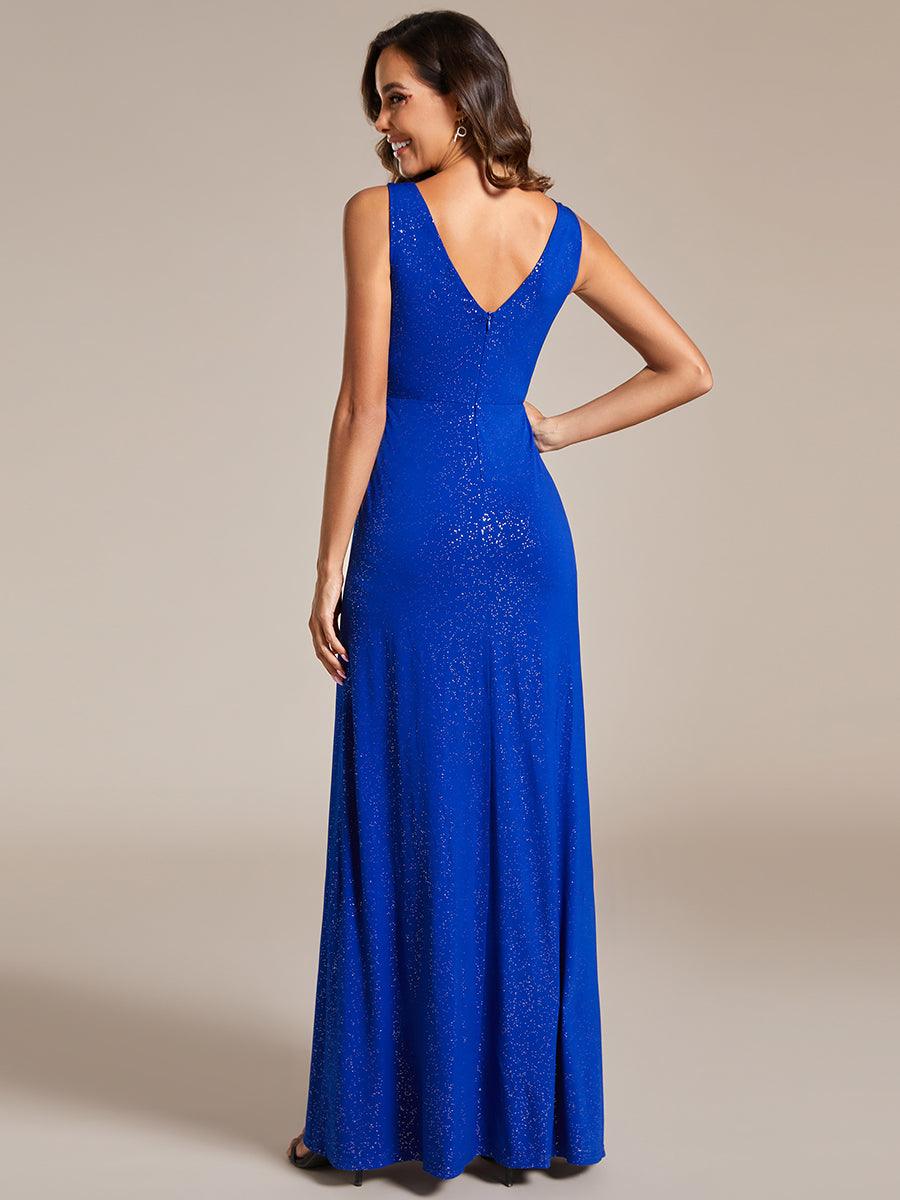 Robe De Soirée Formelle Trapèze À Fente Latérale Et Col En V Double Sans Manches Pailletée #Couleur_Bleu Saphir