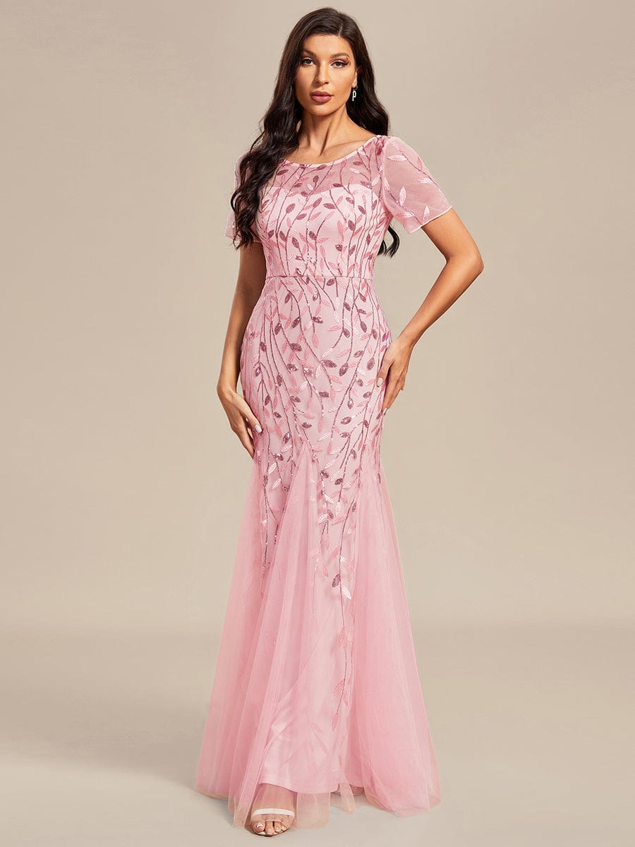 Robes demoiselle d'honneur Sirène en Tulle à Imprimé Floral et Paillettes #Couleur_Rose