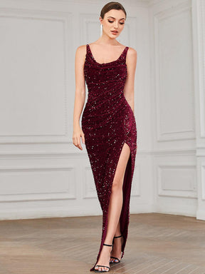 Robe de soirée longue à sequins froncés à la cuisse et à la fente