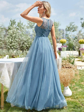 Robe de soirée en tulle transparente à col rond et paillette