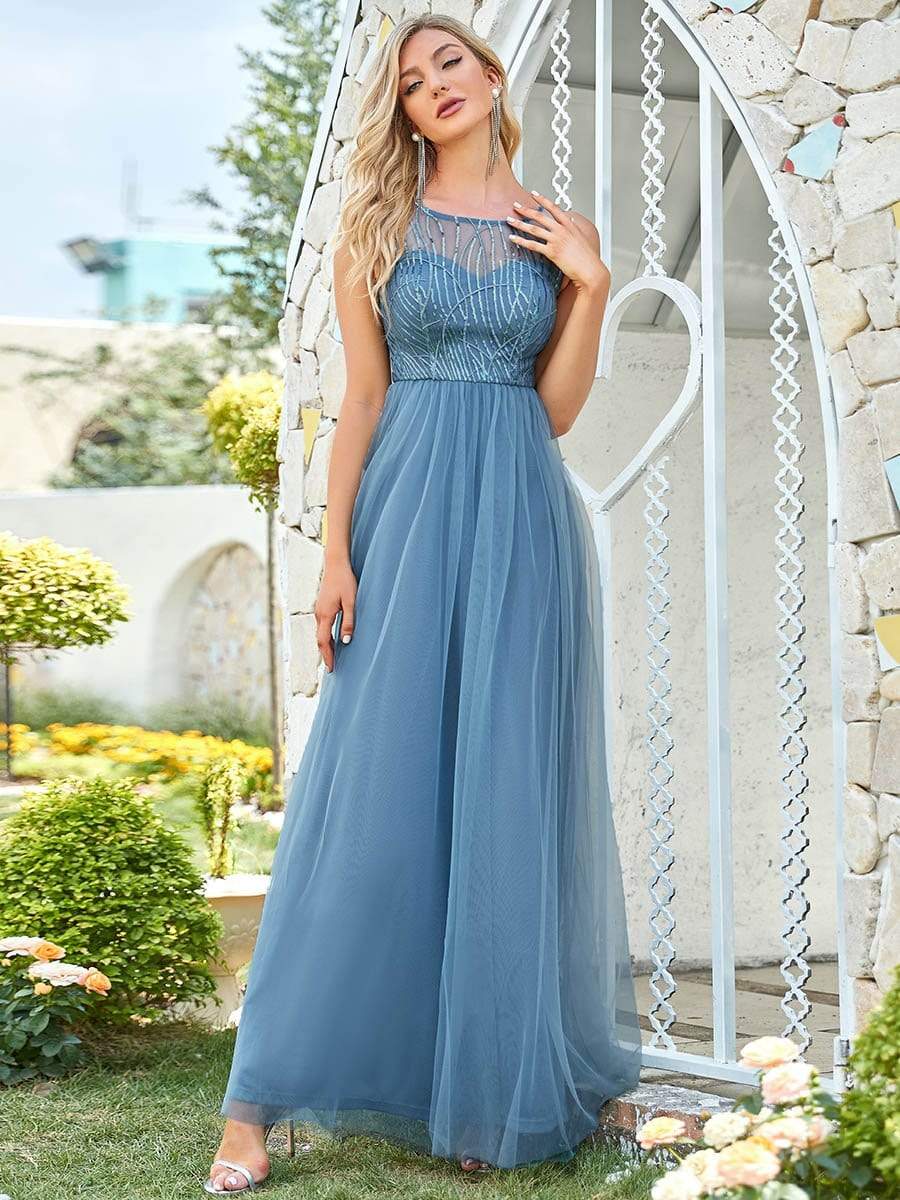 Robe de soirée en tulle transparente à col rond et paillette