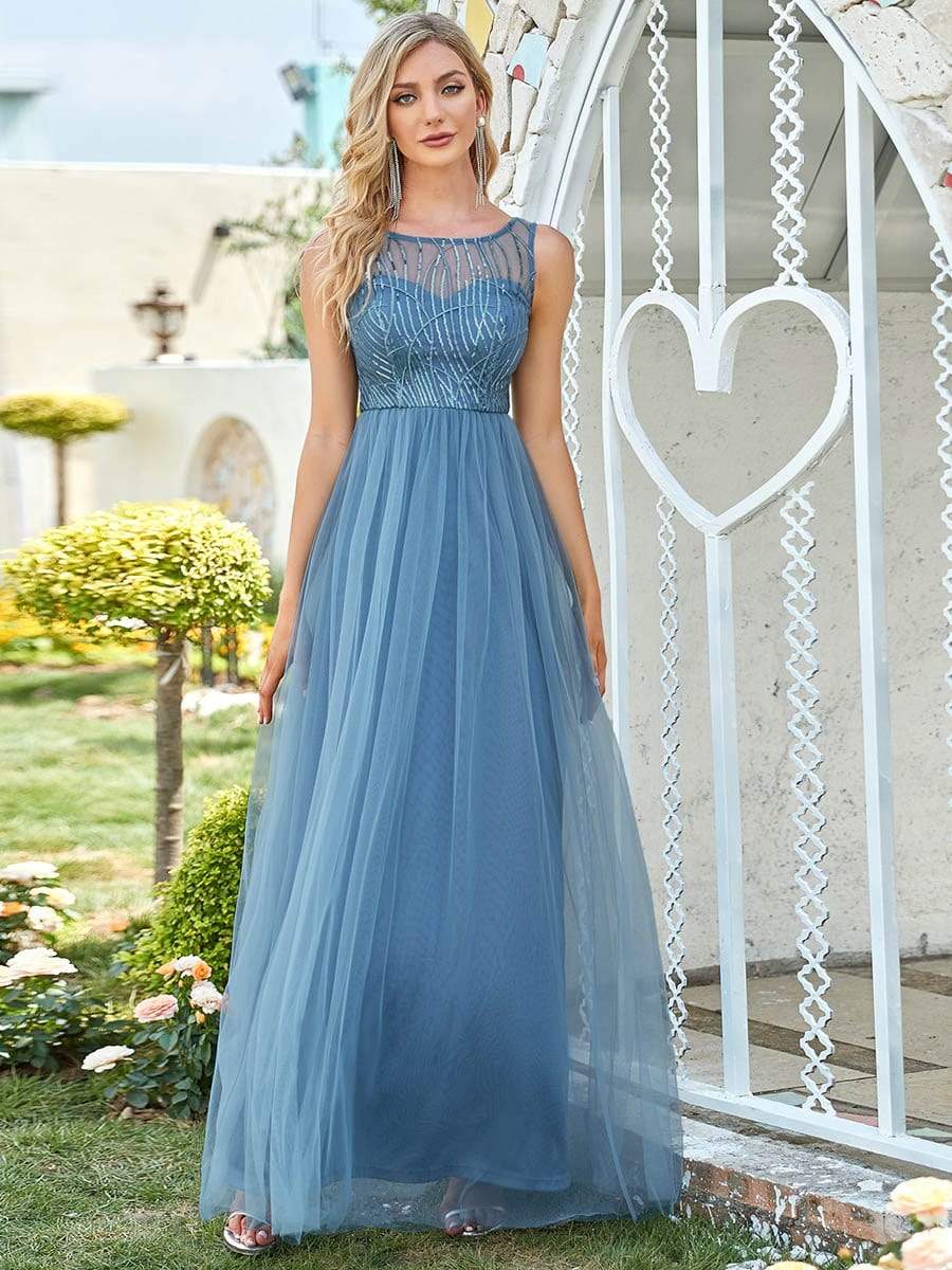 Robe de soirée en tulle transparente à col rond et paillette