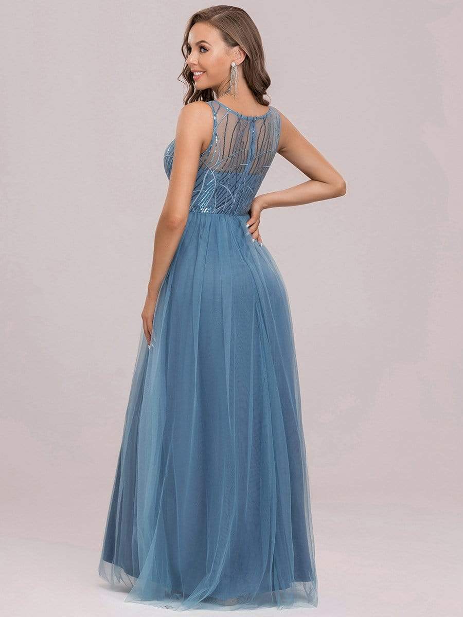 Color=Marine Fume | Robe de soirée en tulle transparente à col rond et paillette-Marine Fume 7