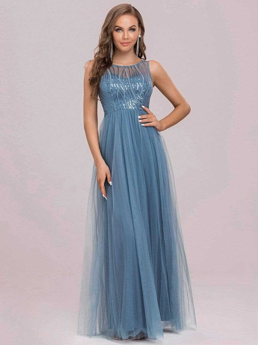 Robe de soirée en tulle transparente à col rond et paillette