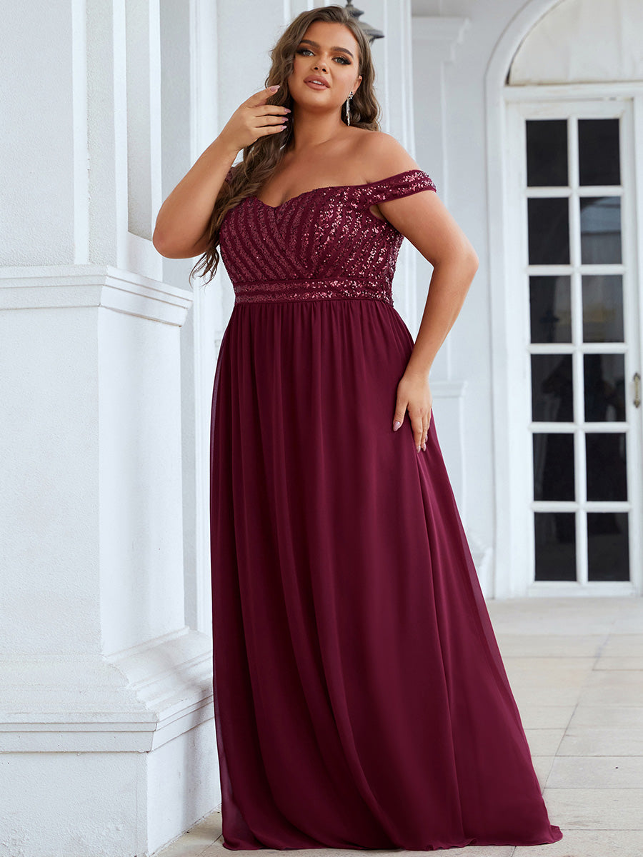 Robe de Soirée Maxi A-ligne de Grande Taille à Epaule Dénudée et à Paillettes