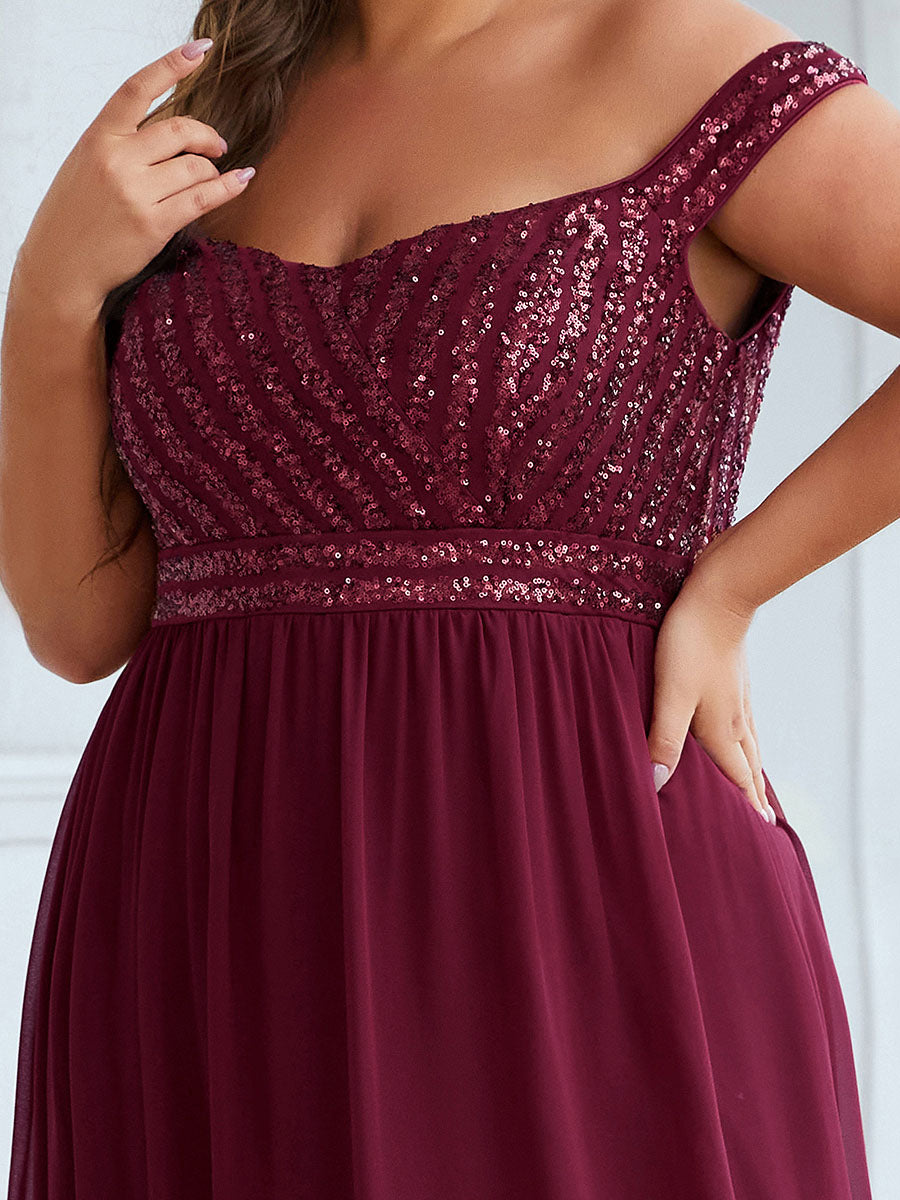 Robe de Soirée Maxi A-ligne de Grande Taille à Epaule Dénudée et à Paillettes