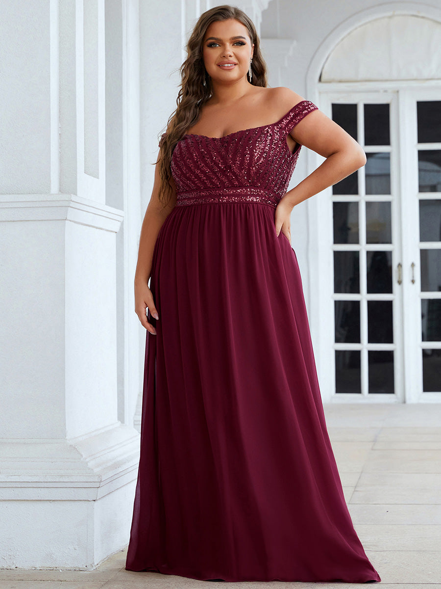 Robe de Soirée Maxi A-ligne de Grande Taille à Epaule Dénudée et à Paillettes