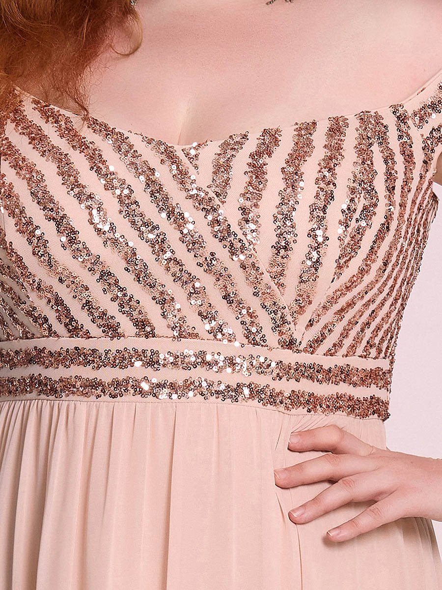 Robe de Soirée Maxi A-ligne de Grande Taille à Epaule Dénudée et à Paillettes