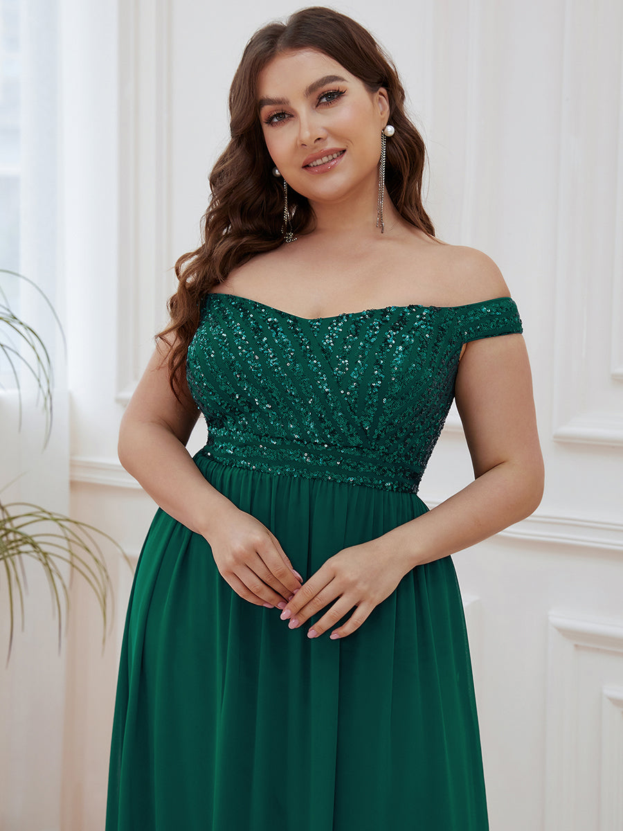 Robe de Soirée Maxi A-ligne de Grande Taille à Epaule Dénudée et à Paillettes