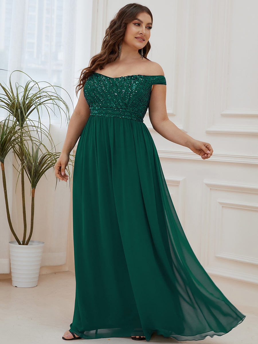 Robe de Soirée Maxi A-ligne de Grande Taille à Epaule Dénudée et à Paillettes