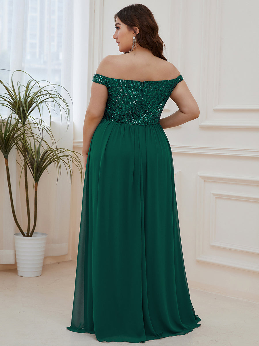 Robe de Soirée Maxi A-ligne de Grande Taille à Epaule Dénudée et à Paillettes