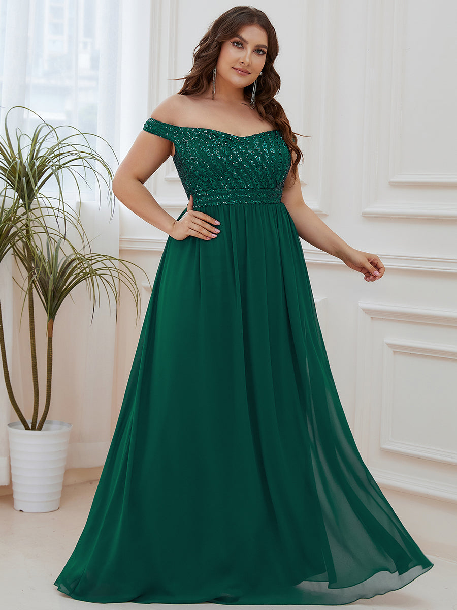 Robe de Soirée Maxi A-ligne de Grande Taille à Epaule Dénudée et à Paillettes