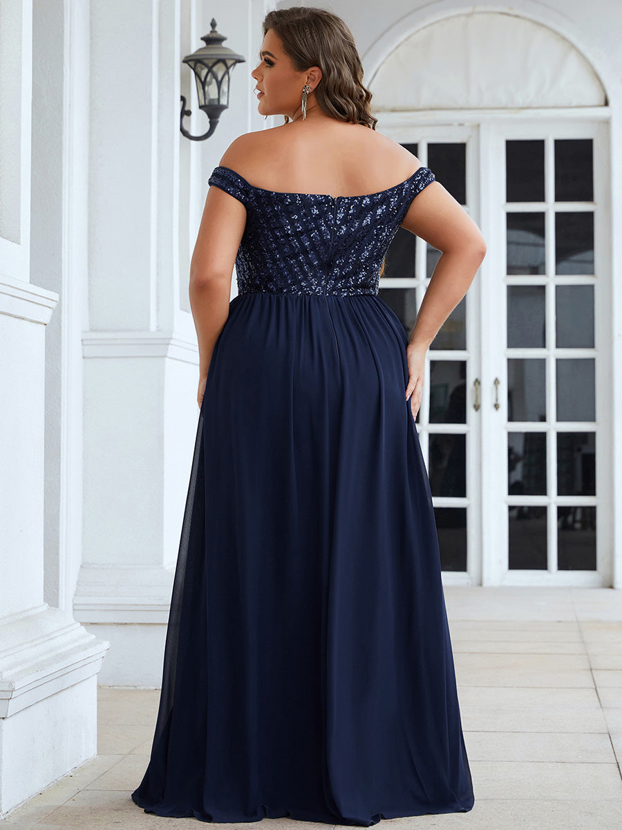 Robe de Soirée Maxi A-ligne de Grande Taille à Epaule Dénudée et à Paillettes