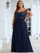 Robe de Soirée Maxi A-ligne de Grande Taille à Epaule Dénudée et à Paillettes #Couleur_Bleu Marine