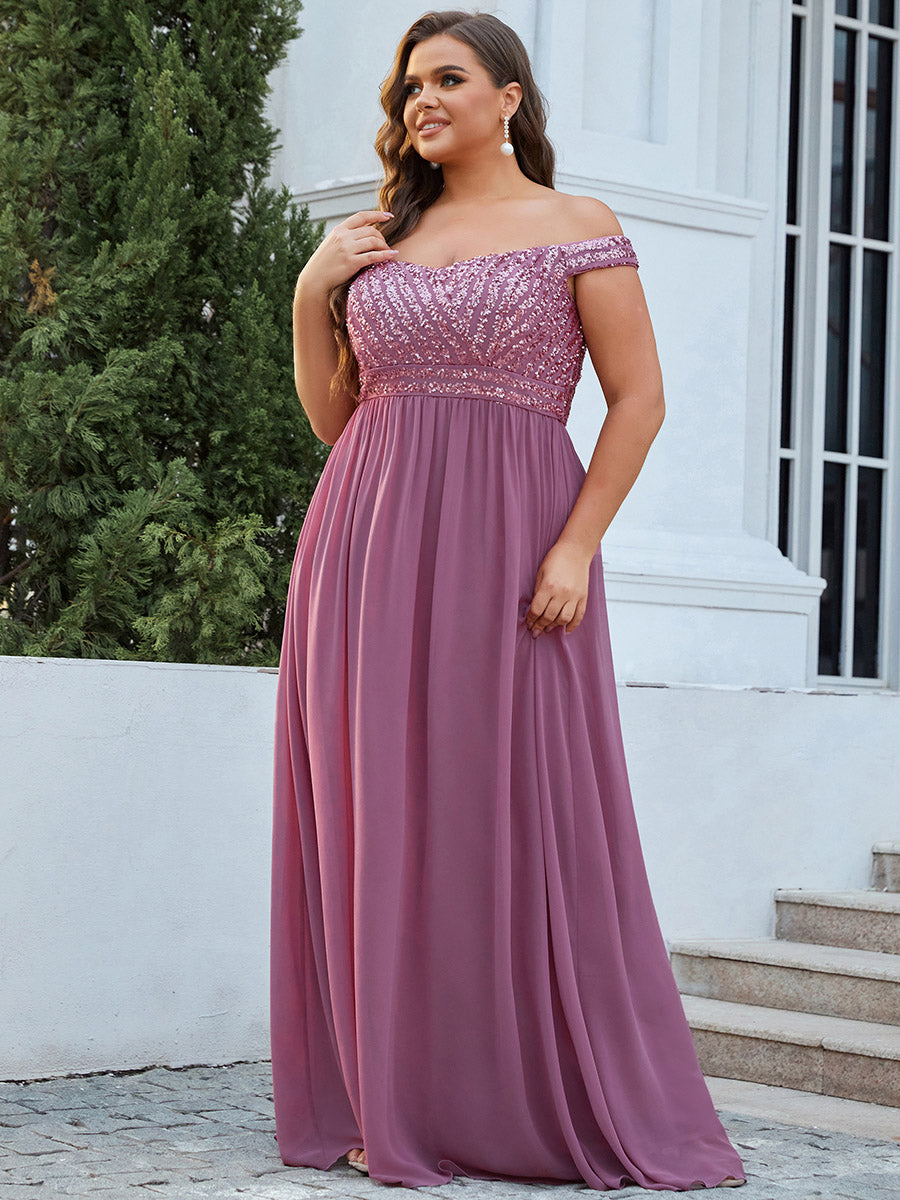 Robe de Soirée Maxi A-ligne de Grande Taille à Epaule Dénudée et à Paillettes