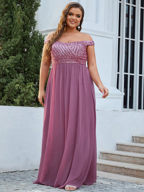 Robe de Soirée Maxi A-ligne de Grande Taille à Epaule Dénudée et à Paillettes