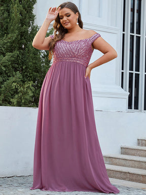 Robe de Soirée Maxi A-ligne de Grande Taille à Epaule Dénudée et à Paillettes