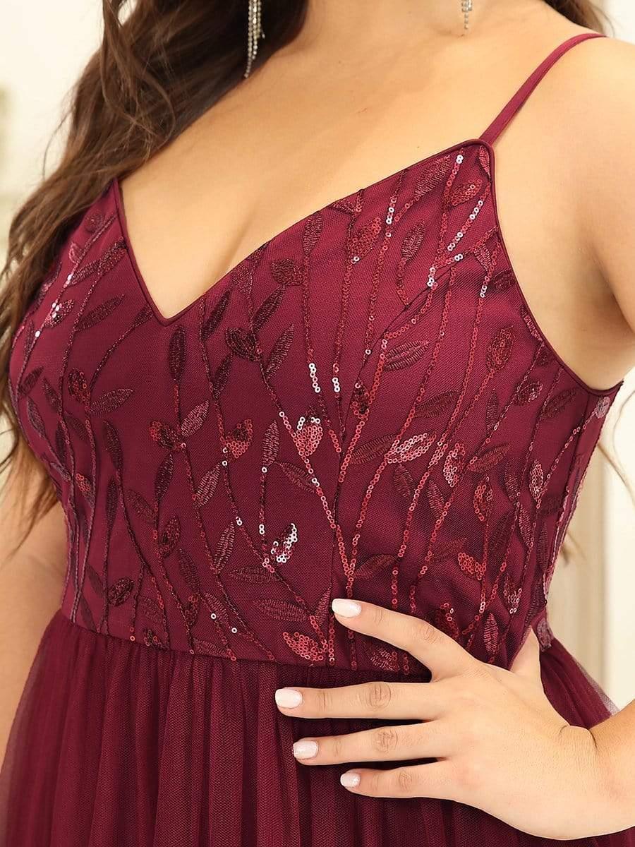 Robe mariage invitée maxi à bretelles minces à sequins et à col en V grande taille #Couleur_Bordeaux