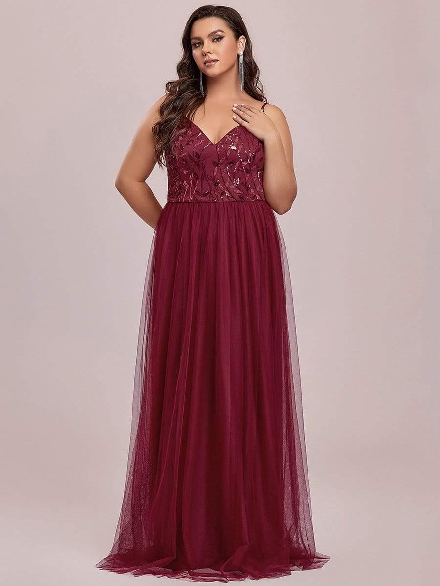 Robe mariage invitée maxi à bretelles minces à sequins et à col en V grande taille #Couleur_Bordeaux