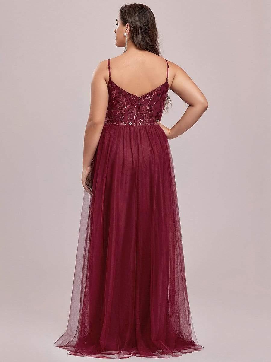 Robe mariage invitée maxi à bretelles minces à sequins et à col en V grande taille #Couleur_Bordeaux