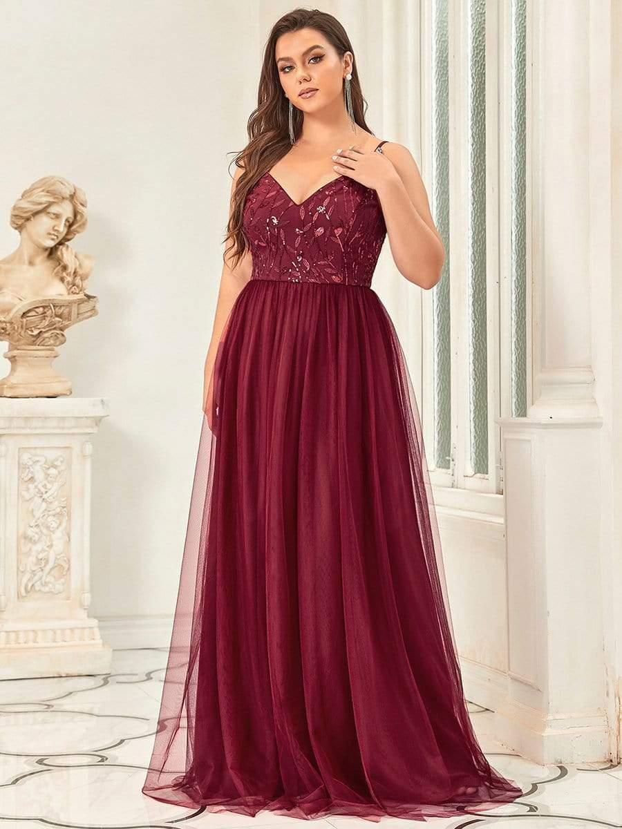 Robe mariage invitée maxi à bretelles minces à sequins et à col en V grande taille #Couleur_Bordeaux