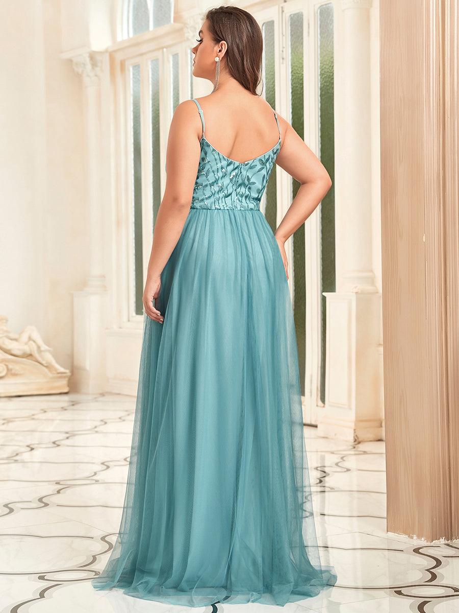 Robe demoiselle d'honneur en tulle à col en V et bretelles minces brodées au sol #Couleur_Bleu Fume