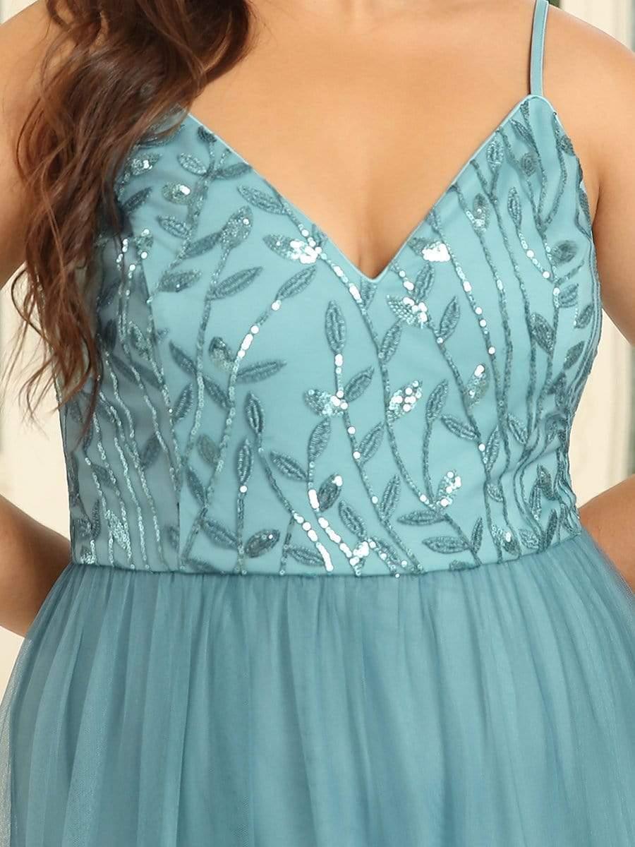 Robe mariage invitée maxi à bretelles minces à sequins et à col en V grande taille #Couleur_Bleu Fume