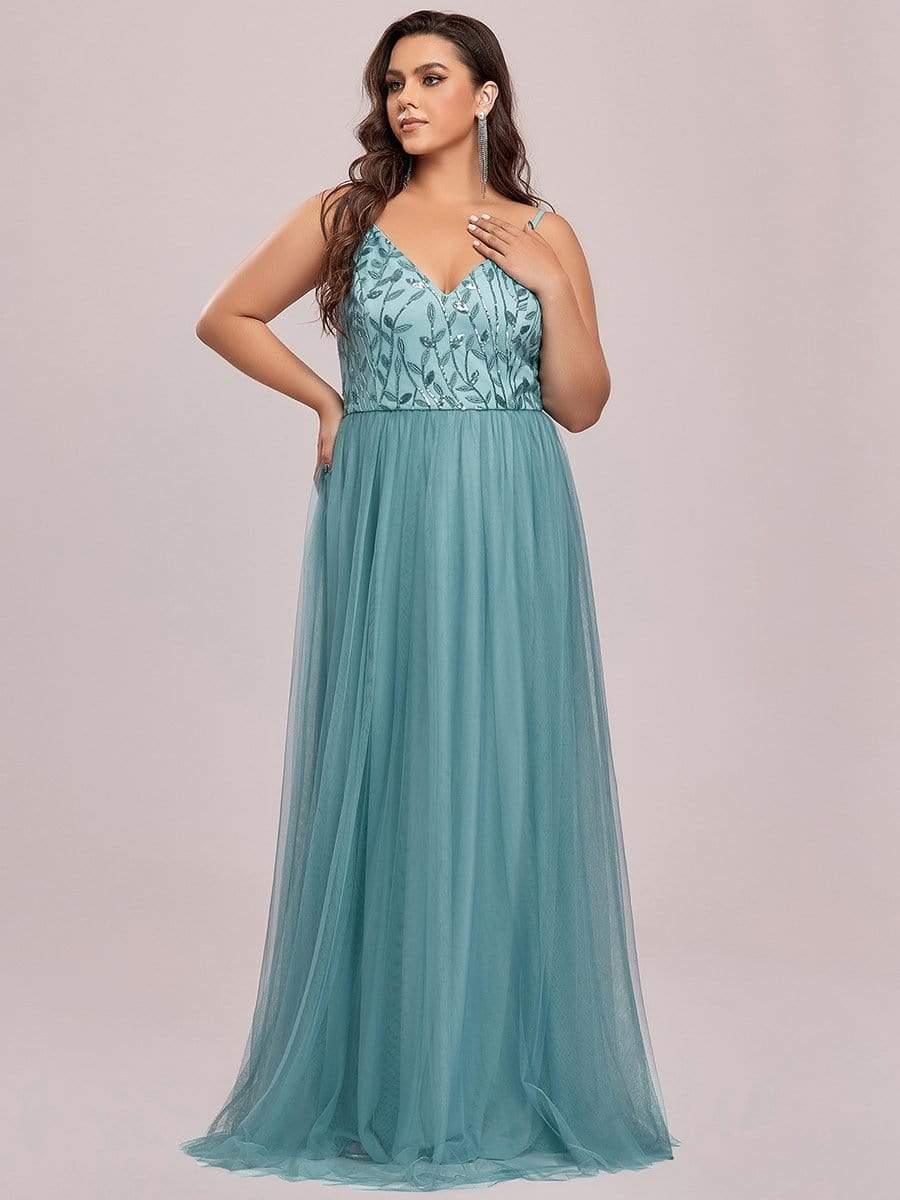 Robe mariage invitée maxi à bretelles minces à sequins et à col en V grande taille #Couleur_Bleu Fume