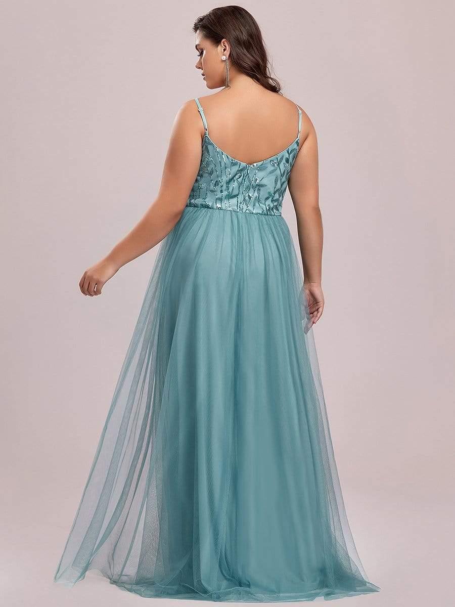 Robe mariage invitée maxi à bretelles minces à sequins et à col en V grande taille #Couleur_Bleu Fume