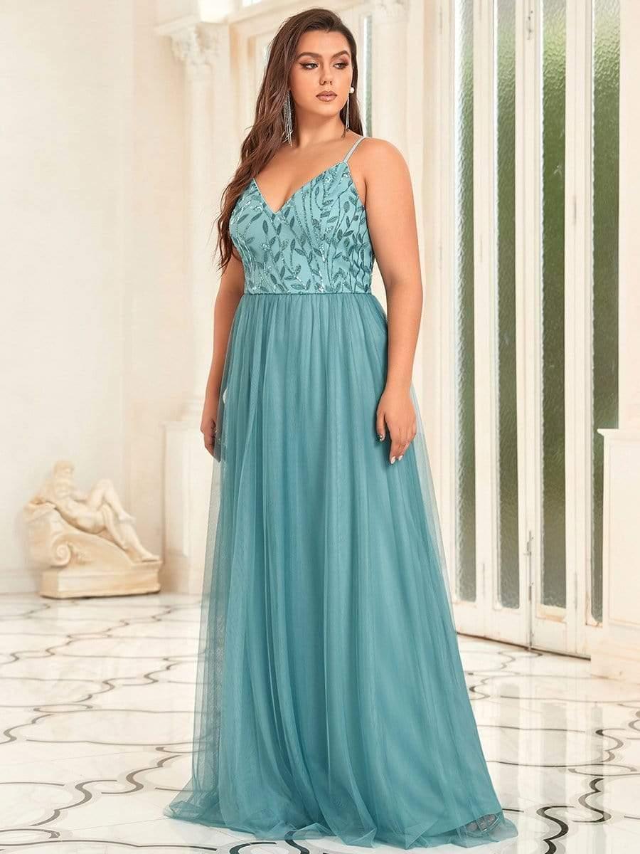 Robe mariage invitée maxi à bretelles minces à sequins et à col en V grande taille #Couleur_Bleu Fume