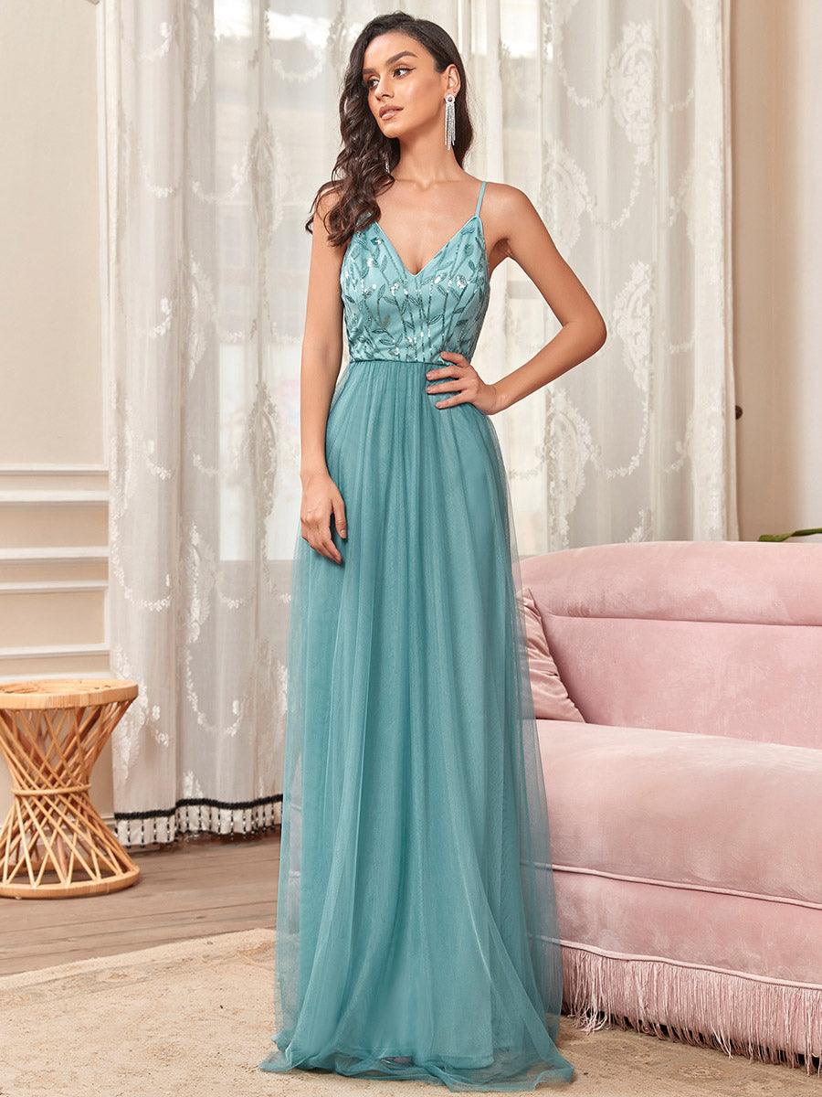 Robe demoiselle d'honneur en tulle à col en V et bretelles minces brodées au sol #Couleur_Bleu Fume