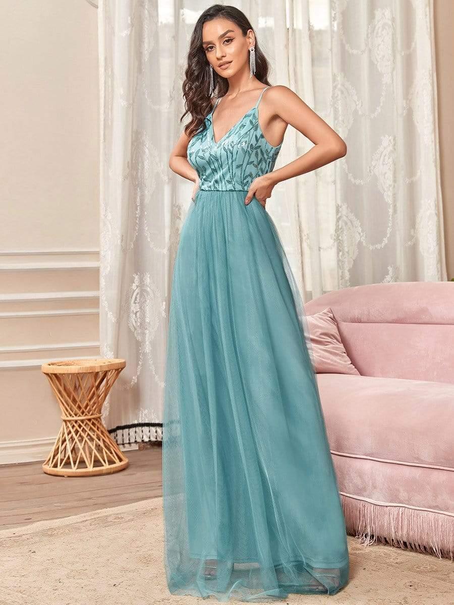Robe demoiselle d'honneur en tulle à col en V et bretelles minces brodées au sol #Couleur_Bleu Fume
