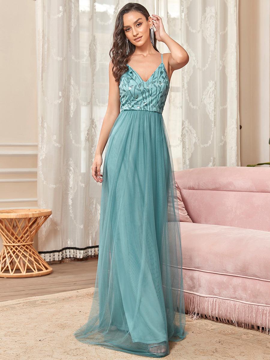 Robe demoiselle d'honneur en tulle à col en V et bretelles minces brodées au sol #Couleur_Bleu Fume