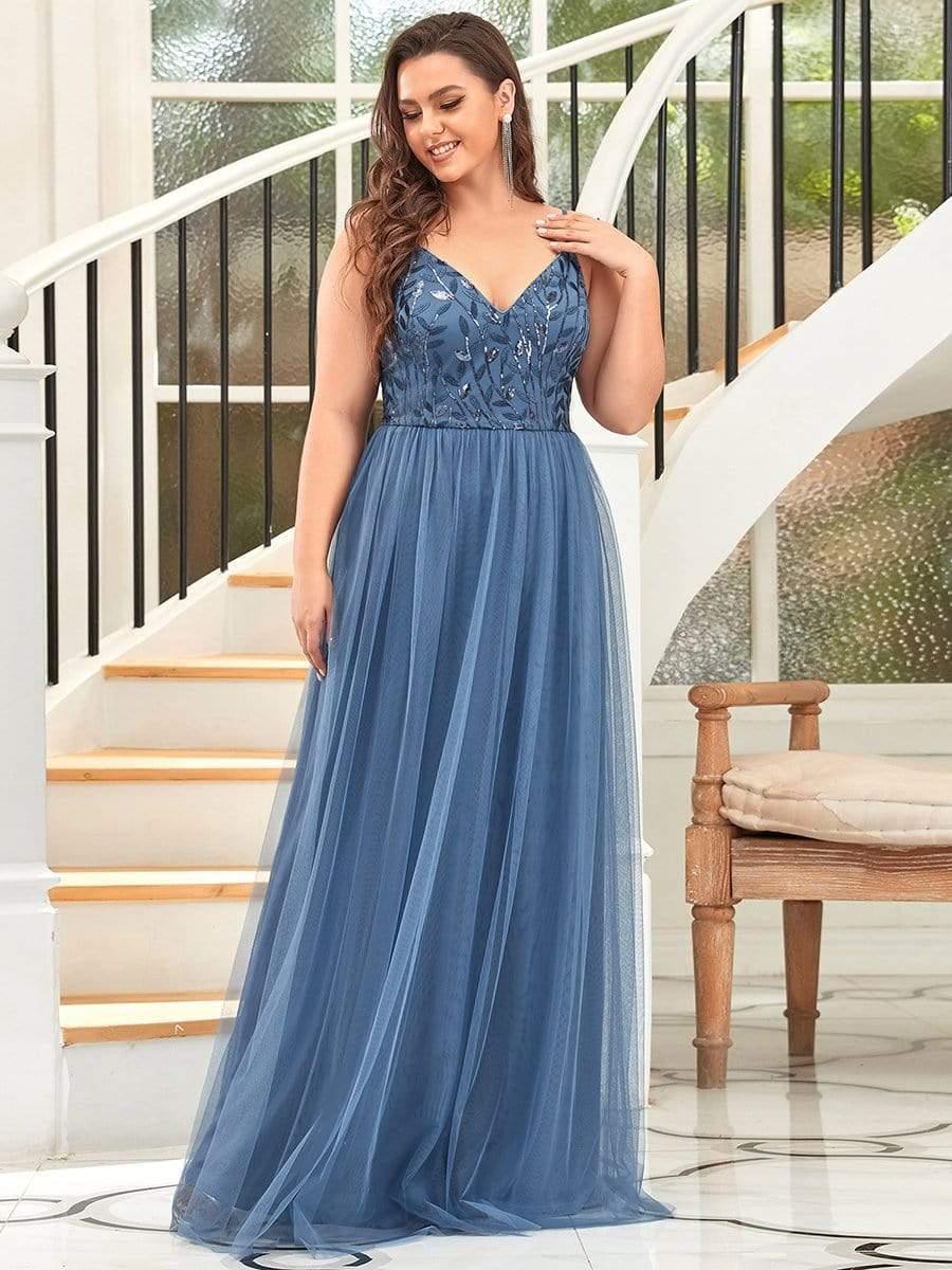 Robe mariage invitée maxi à bretelles minces à sequins et à col en V grande taille #Couleur_Marine Fume