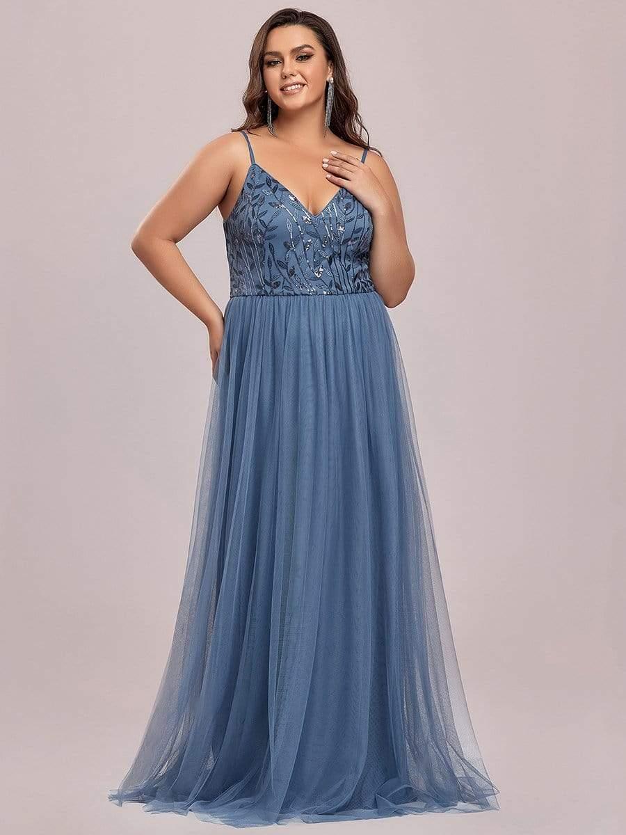 Robe de soirée maxi à bretelles spaghetti à sequins et à col en V de grande taille #Couleur_Marine Fume