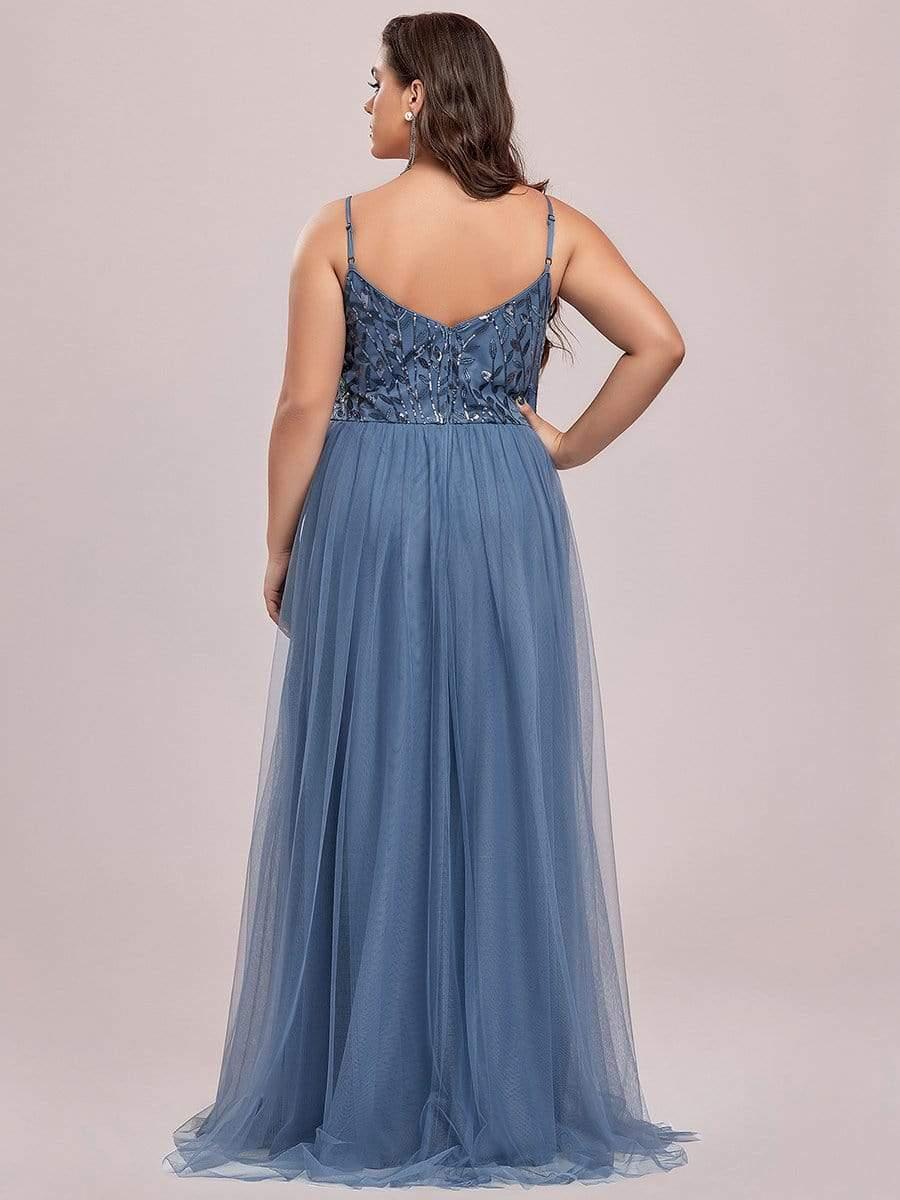 Robe mariage invitée maxi à bretelles minces à sequins et à col en V grande taille #Couleur_Marine Fume