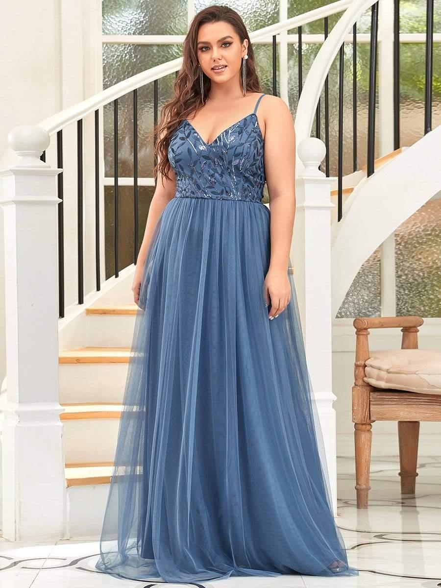 Robe mariage invitée maxi à bretelles minces à sequins et à col en V grande taille