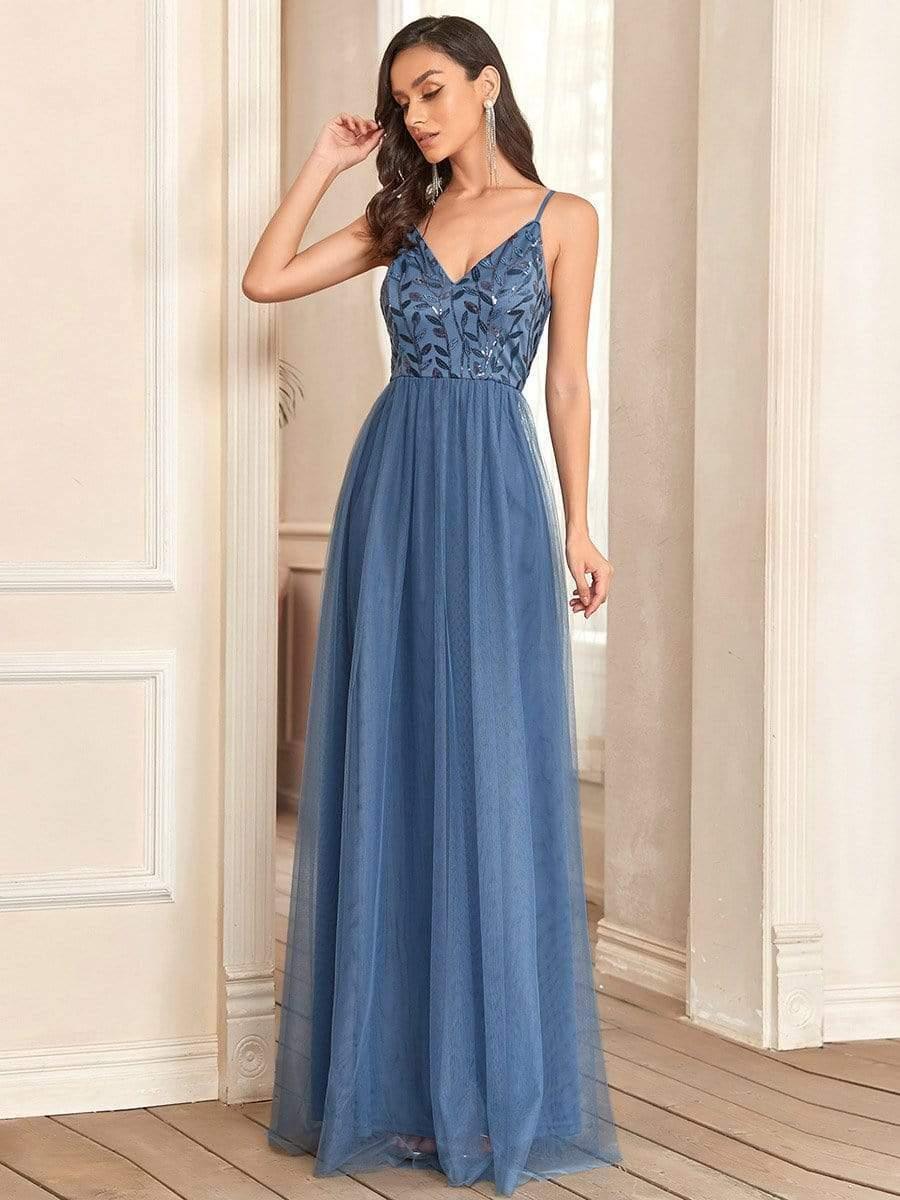 Robe demoiselle d'honneur en tulle à col en V et bretelles minces brodées au sol #Couleur_Marine Fume