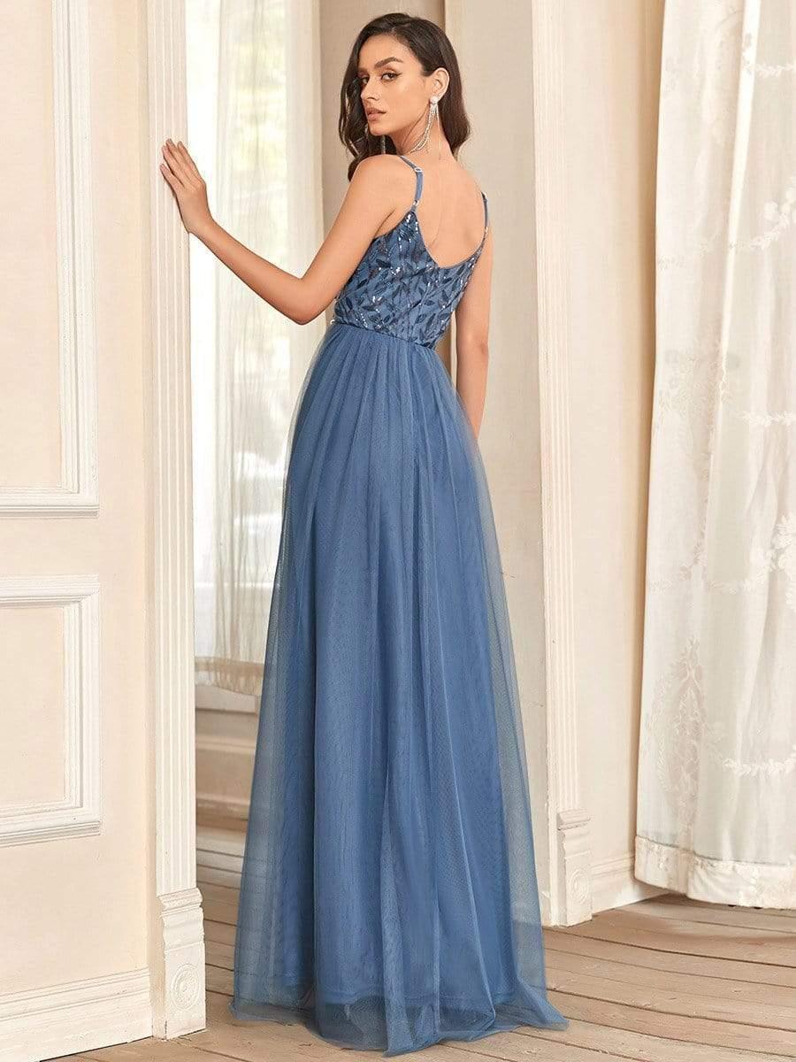 Robe demoiselle d'honneur en tulle à col en V et bretelles minces brodées au sol #Couleur_Marine Fume
