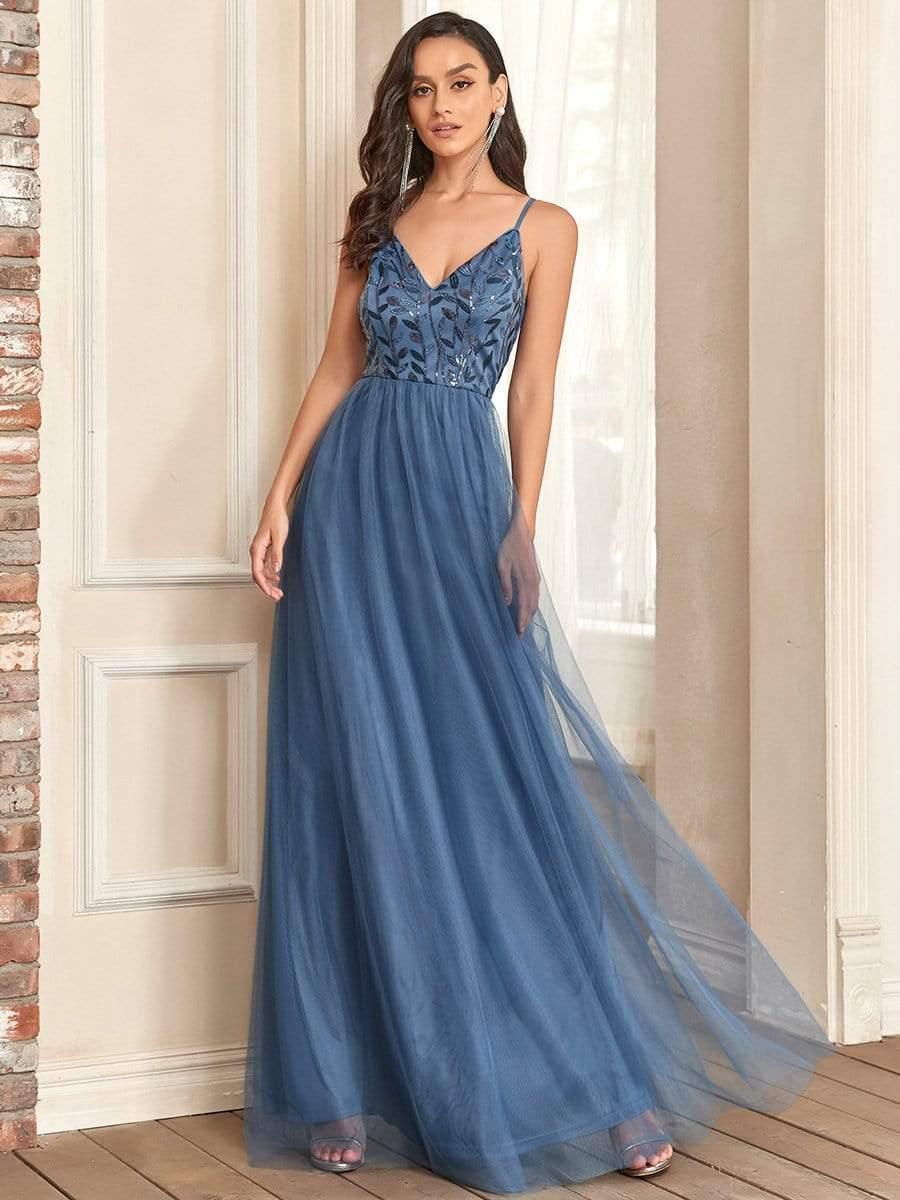 Robe demoiselle d'honneur en tulle à col en V et bretelles minces brodées au sol #Couleur_Marine Fume