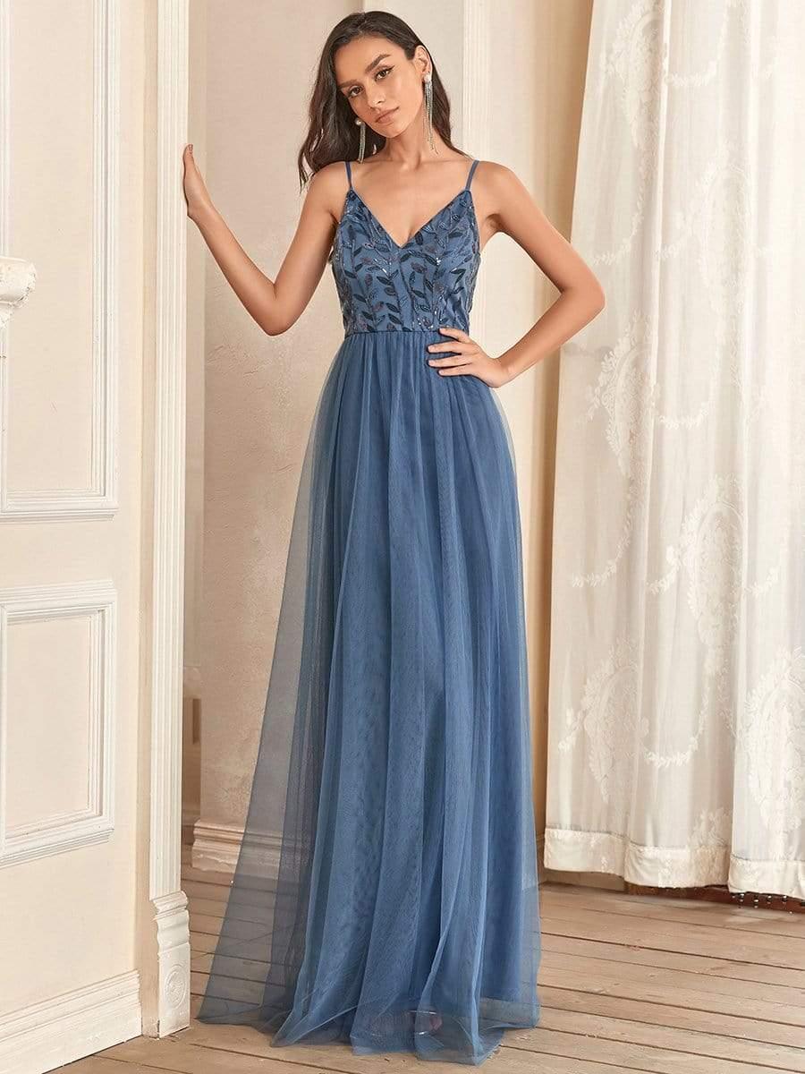 Robe demoiselle d'honneur en tulle à col en V et bretelles minces brodées au sol #Couleur_Marine Fume