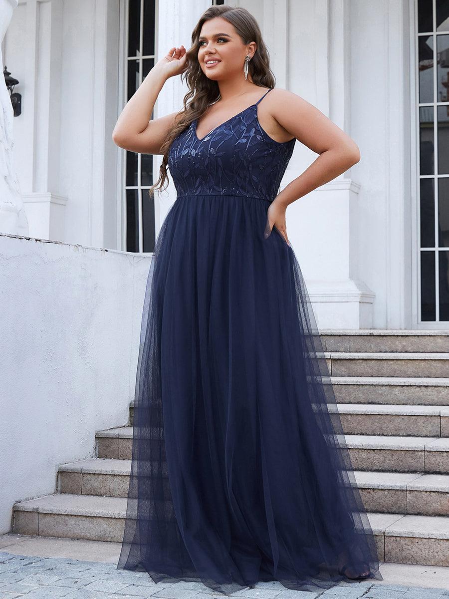 Robe mariage invitée maxi à bretelles minces à sequins et à col en V grande taille #Couleur_Bleu Marine